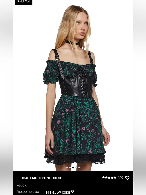 Dolls Kill Widow Size L Floral Puff Sleeve Lace Trim Mini Dress Gothic - Image 2