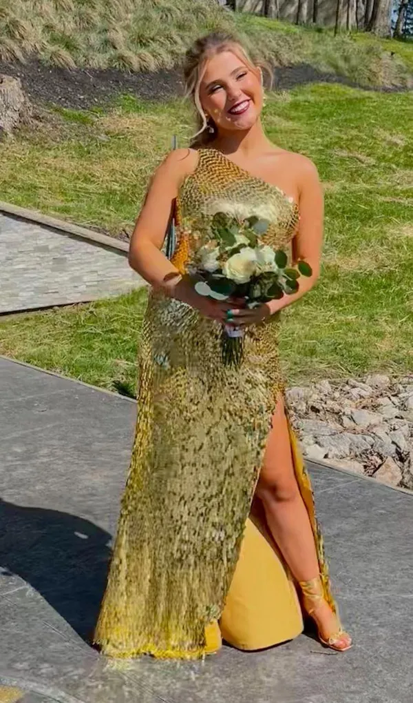 Gold One Shoulder Sherri Hill Dress - Image 2