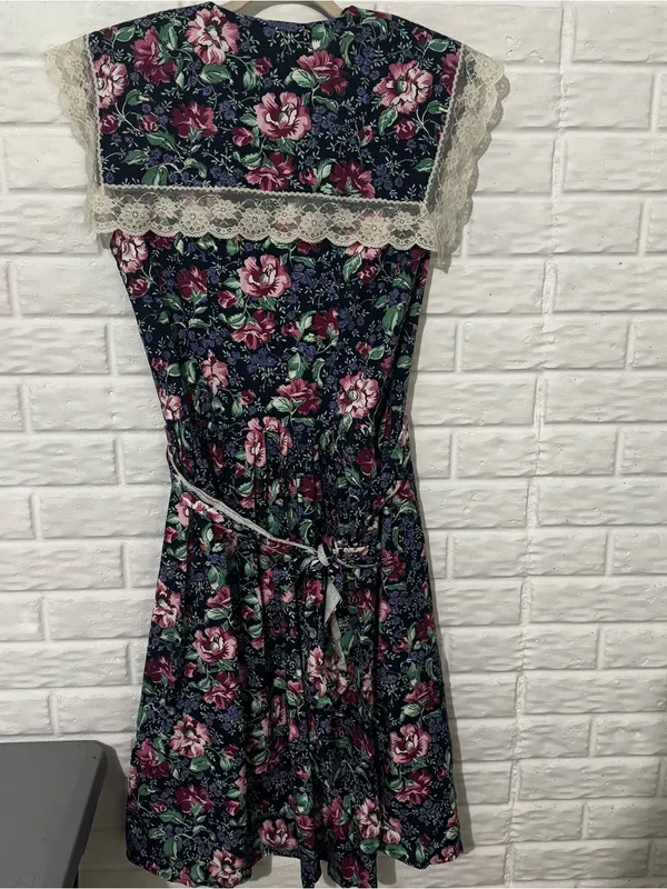 Vintage 80s Midi Dress Women’s 14 Navy Pink Floral Cottagecore Lace Trim Diana - Image 3