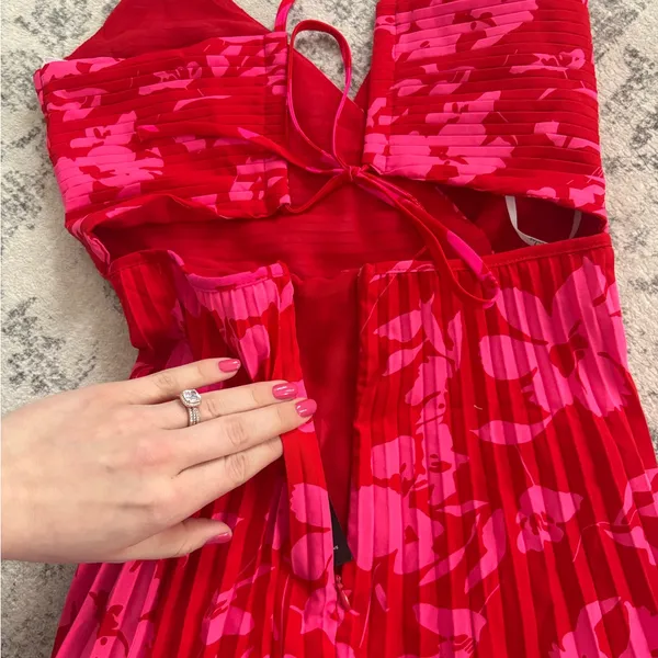 Lulus Vibrant Moment Red and Pink Floral Pleated Lace-Up Midi Dress Size XS NWT - Image 9