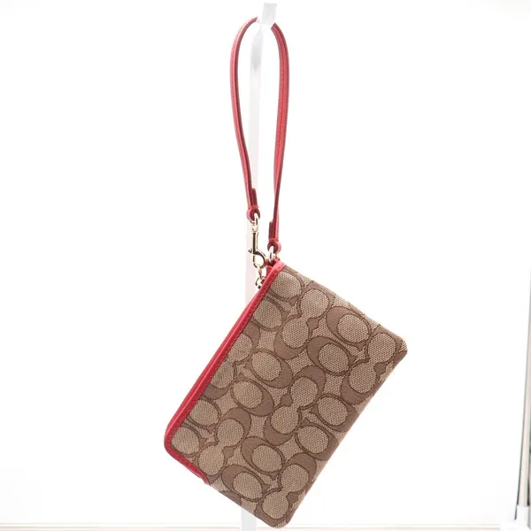 Coach Small Wristlet Signature Canvas Khaki Red Leather F58035 Gold Hardware - Image 4