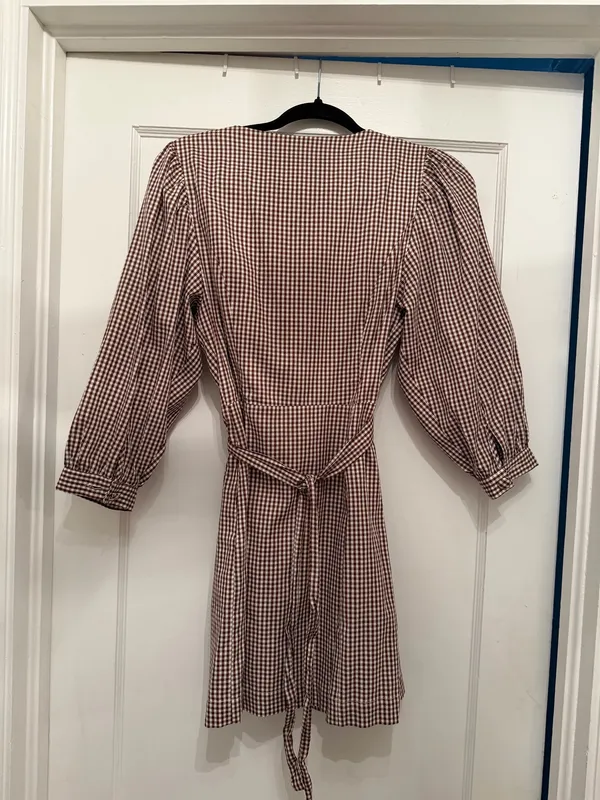 Tularosa Brown and White Gingham Button/Wrap Mini Dress - Image 3
