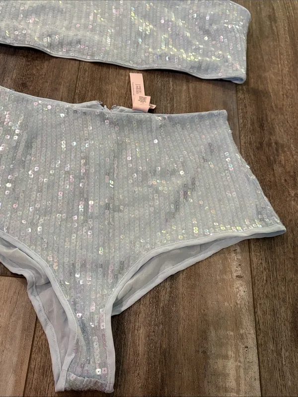 Victorias Secret Iridescent Sequin 2 Piece Set Lingerie Crop Top Panty Blue NEW - Image 7