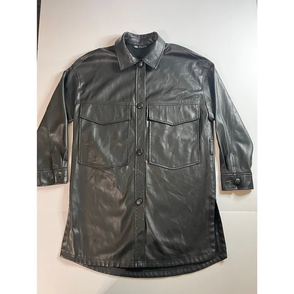 ZARA long Black Leather Jacket S - Image 2