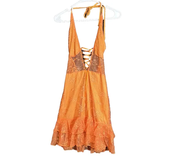 Orange Lace Halter Nighty Sheer Mesh Lace Up Front Ruffle‎ Hem Size M Boho Sexy - Image 2