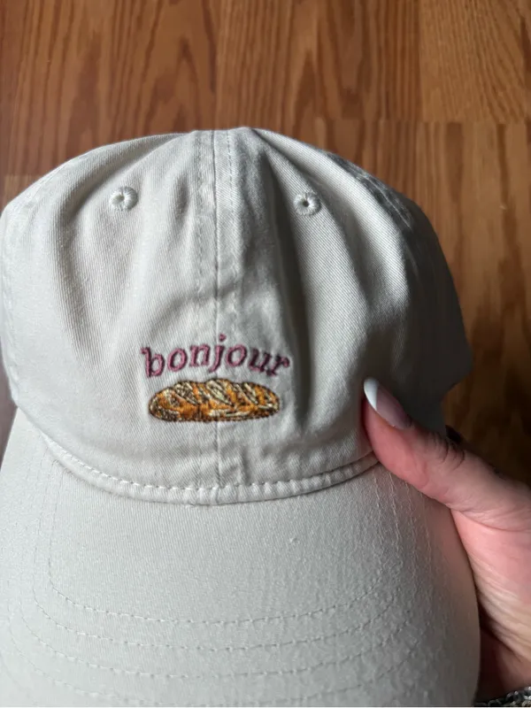 Bonjour Beige Cap - Embroidered Baguette Design - Image 5