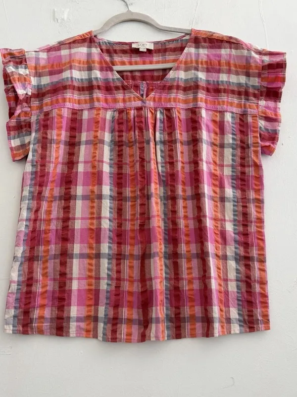 NEW LOFT Outlet Orange Pink Plaid V-Neck Flutter Ruffle Sleeve Blouse Top LARGE - Image 2