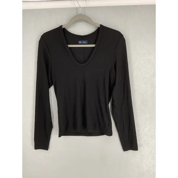 Gap Women Top Long Sleeve Ribbed Scoop Neck Black Large - Image 2