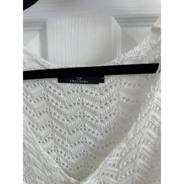 Lillusory White Crochet Knit Tie Front Sleeveless Top Chevron Pointelle Large - Image 2