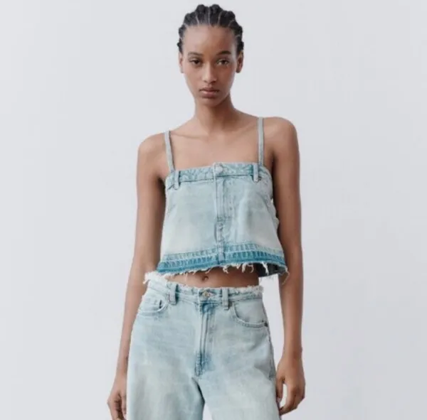 ZARA Blue Wash Denim Jean Cropped Pants Tube Tank Top Spaghetti Strap Distressed - Image 2