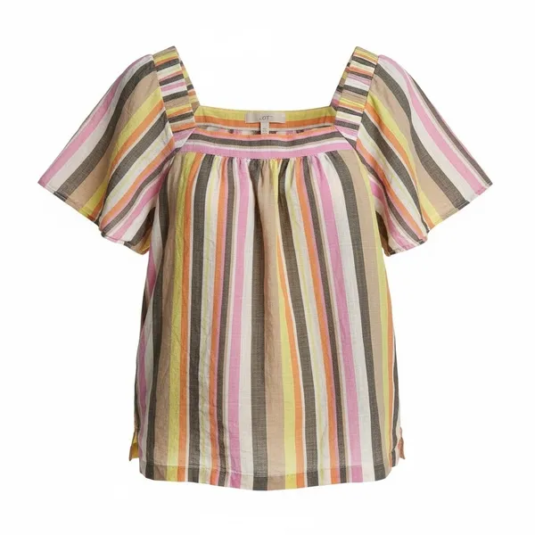 LOFT Women Lg Pink Orange Yellow Striped Square Neck Flutter Sleeve Cotton Top - Image 2