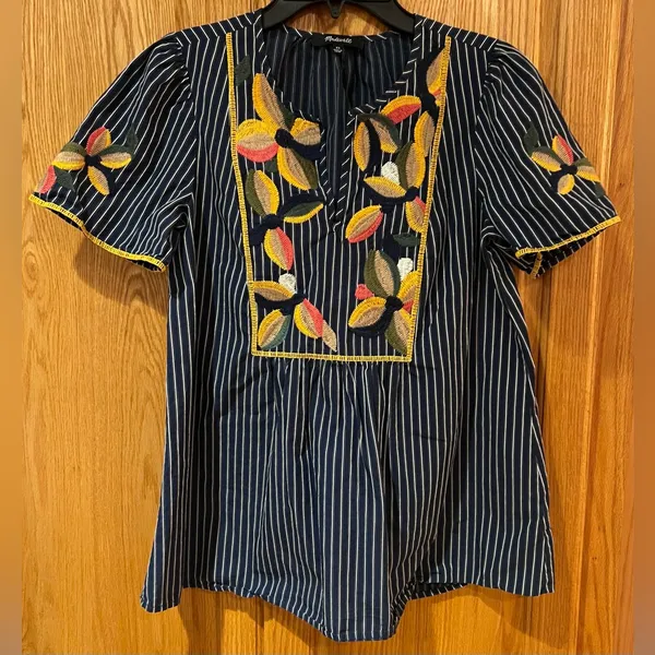 Madewell Floral Embroidered Fable Swingy Top in Twilight Tonal Stripes Size XS‎ - Image 5