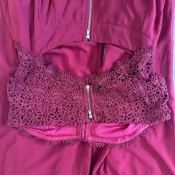 Papaya Burgundy Maroon Jumpsuit Lace Top Bare Midriff Open Back Wide Leg Sheer Overlay - Image 8