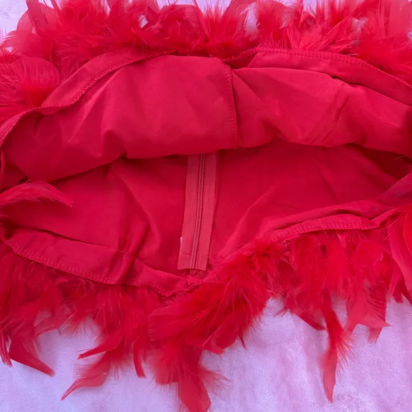 Red Hot Showgirl Feather Skirt Set – Y2K Burlesque Rave Bikini w/ Sequin Trim XS/S 💋✨ - Image 6