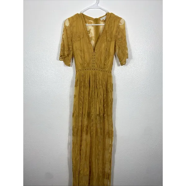 Socialite mustard embroidered lace plunge maxi dress Size Xs 100% Nylon & Cotton - Image 3