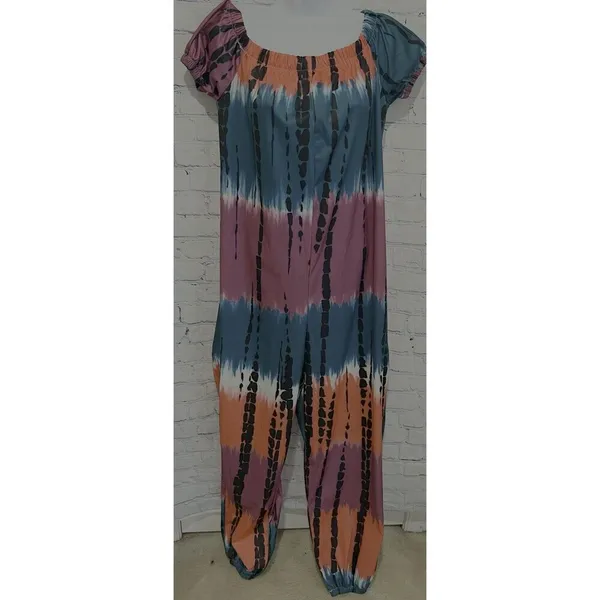 Tie Dye Off the Shoulder Jumpsuit with Pockets, Casual Polyester Large - Image 3