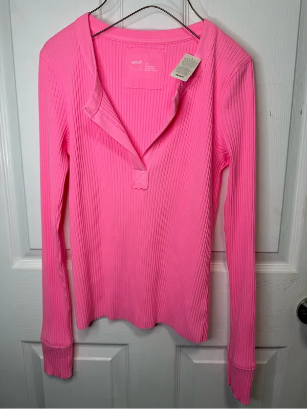 aerie Ribbed Neon Pink Notch V-Neck Long Sleeve Top - Image 2