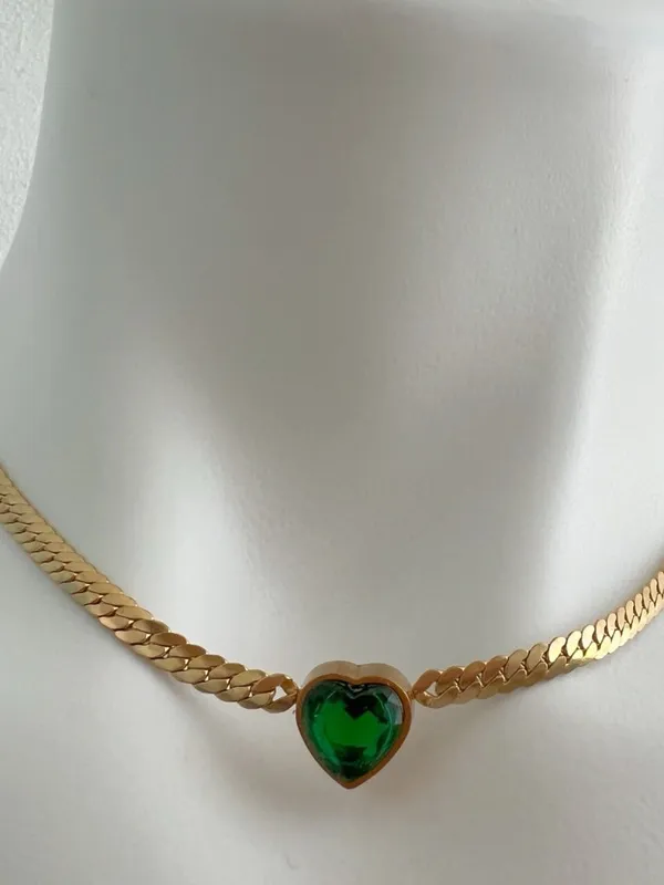 18K Gold Plated Green Heart snake chain Necklace Stainless Steel womens jewelry - Image 5