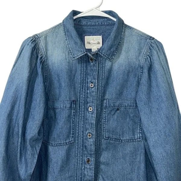 American Eagle Outfitters Denim Puff Sleeve Button Down Blue Top(Size Medium) - Image 5