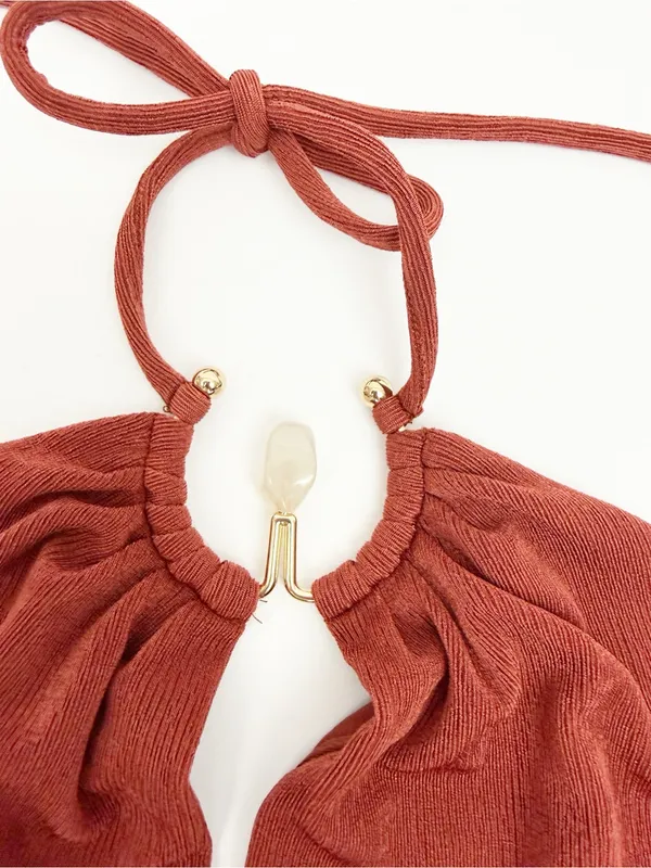 Oh Polly Margot Hardware Detail Cut-Out Halterneck Maxi Dress Auburn Brown - Image 9