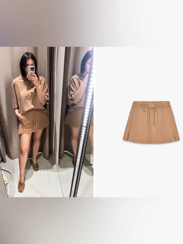 Zara NWT tan camel beige Casual Drawstring Mini Skirt - Image 2