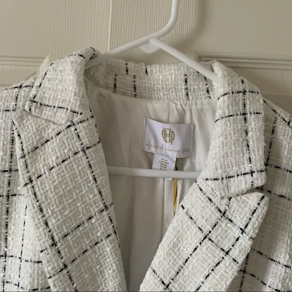 House of Harlow x Revolve White Plaid Tweed Office Siren Classic Blazer NWT M - Image 3