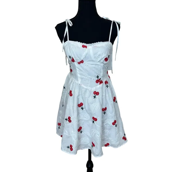SheIn White Cherry Print Mini Slip Dress SIZE 4 Sundress Fit Flare Rockabilly Romantic - Image 3