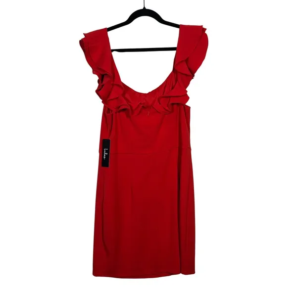 Lulus Red Ruffle V Neck Sleeveless Bodycon Mini‎ Dress XL Date Party NWT - Image 3