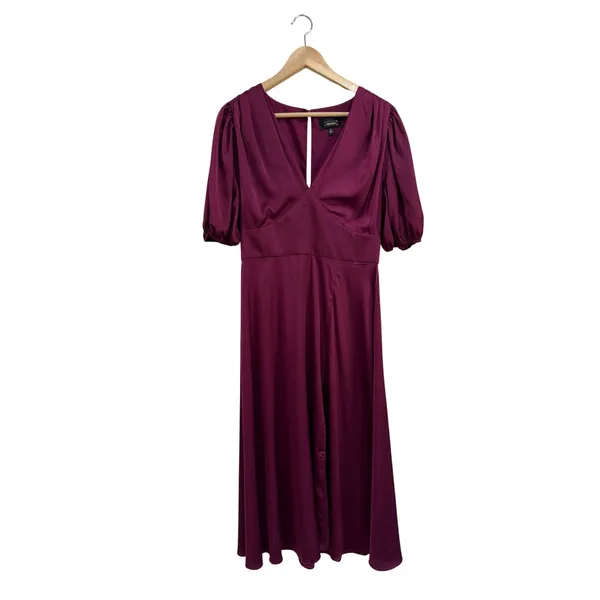 Alexa Admor Plum Burgundy Satin V-Neck Puff Sleeve Midi Dress Size 6 - Image 2