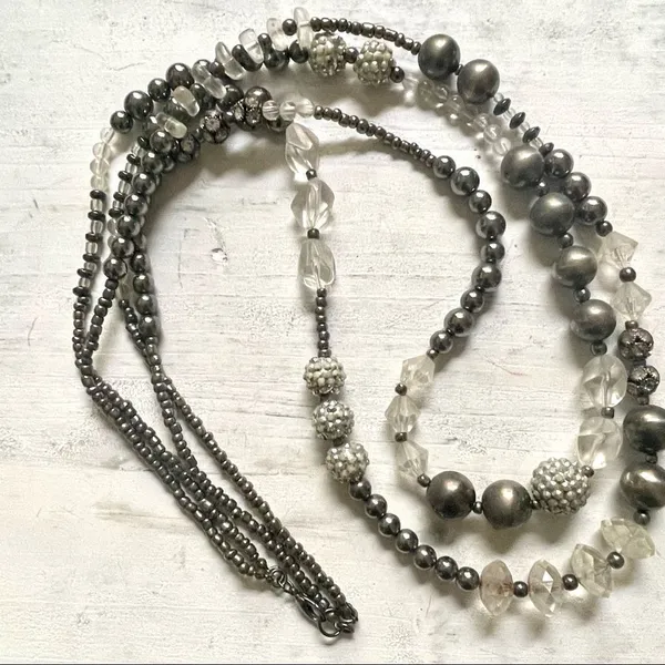 Long double strand grey and clear beaded statement necklace - Image 2
