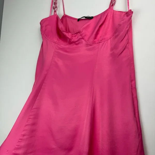 NEW ZARA Pink Satin Corsetry Mini Babydoll Dress Sz Large Chain Strap - Image 10