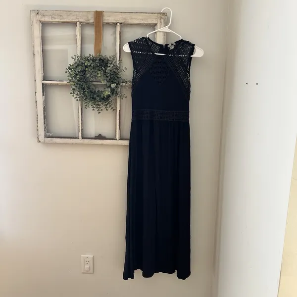 H&M Navy Blue Eyelet Maxi Dress Viscose‎ Size Small - Image 2