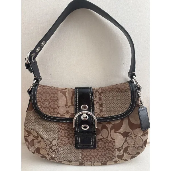 Vintage y2k Coach Soho Patchwork Hobo Bag Signature Jacquard Leather Trim Buckle - Image 2