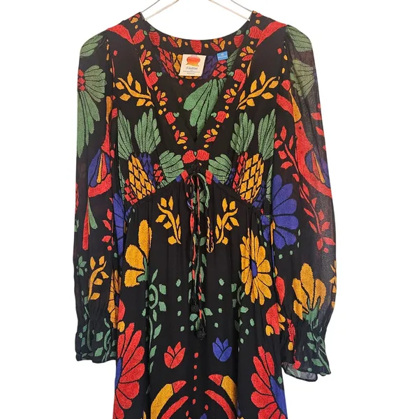 Farm Rio Black Tropical Toucan Floral V-Neck Maxi Dress XS Long Puff Sleeve Boho - Image 5