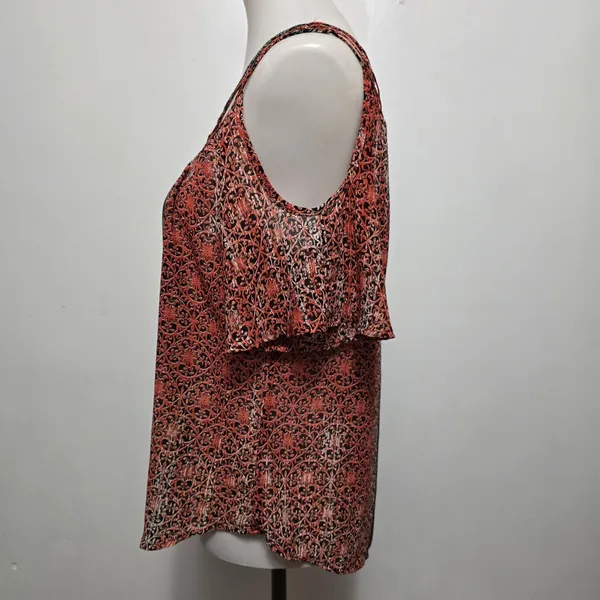 HeartSoul Cold Shoulder Cage Neckline Coral Patterned Blouse Size Large - Image 2