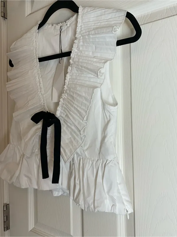 Zara White Ruffled Tie-Front Top Black Bow Coquette Size Small - Image 4