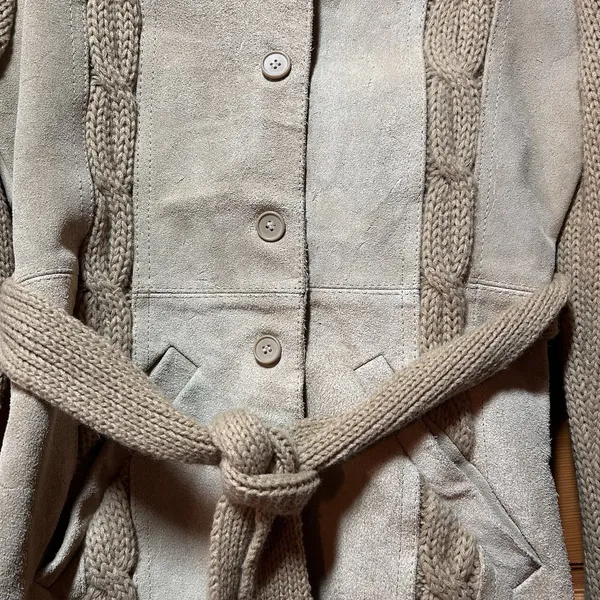 California vintage VTG 70s Women's Suede Leather Belt Knit Cardigan Sweater Jacket Beige Size Small - Image 5