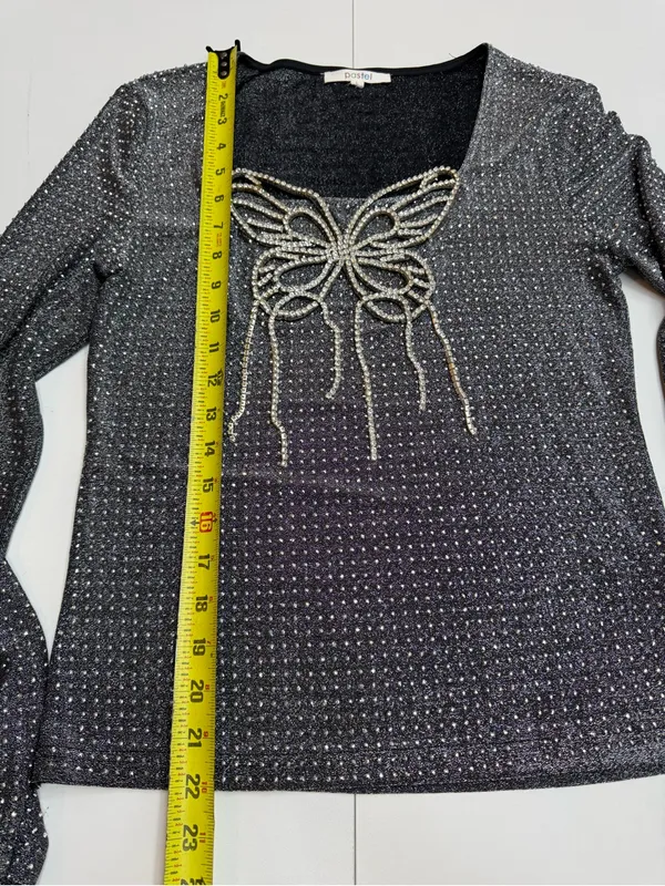 Pastel Rhinestone Butterfly Glitter Long Sleeve Evening Top size L - Image 9