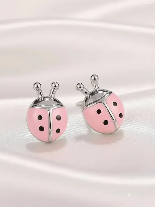 Pink Ladybug Stud Earrings - Cute Silver-Tone Girls Jewelry - Image 3