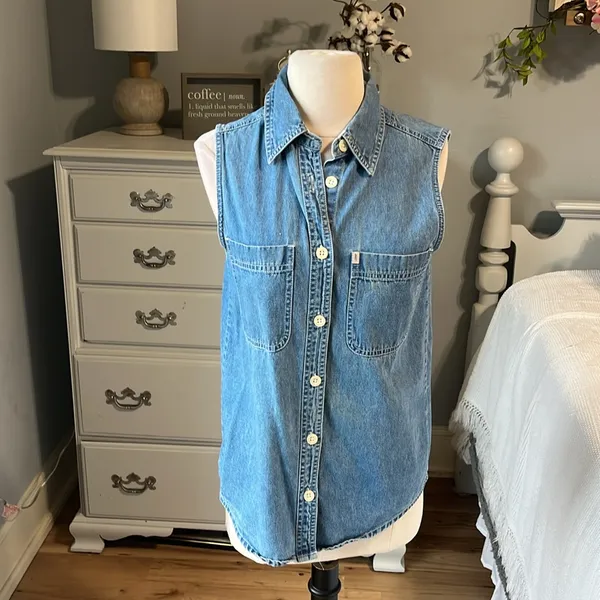 Riders By Lee Denim Jean Top Womens Small Button Down Collar Shirt Sleeveless Cotton - Image 3