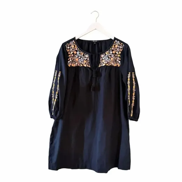 Madewell Embroidered Shift Dress Black Floral Pockets Boho Artisan SZ L #2615 - Image 2