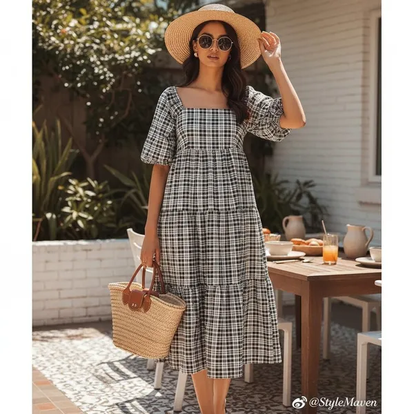 Faithfull the Brand Kiona Checker Print Puff Sleeve Midi Dress Black White M NWT - Image 2