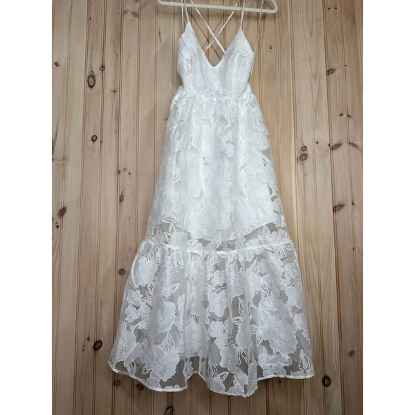 NWT Lulus Feeling Like Forever White Jacquard Organza Lace-Up Midi Dress Size M - Image 2