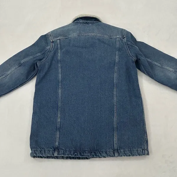 Levi’s Premium Blue Denim Sherpa Snap Button Long Trucker Jean Jacket Unisex S - Image 15