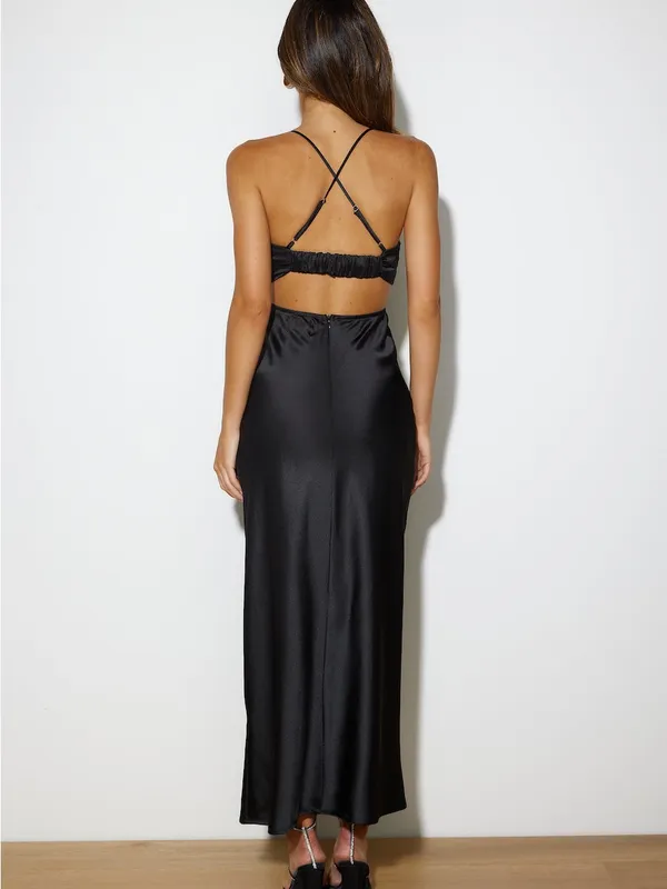 Hello Molly Black Satin Spaghetti-Strap Cutout Maxi Dress with Silver Trim SZ 4 - Image 4