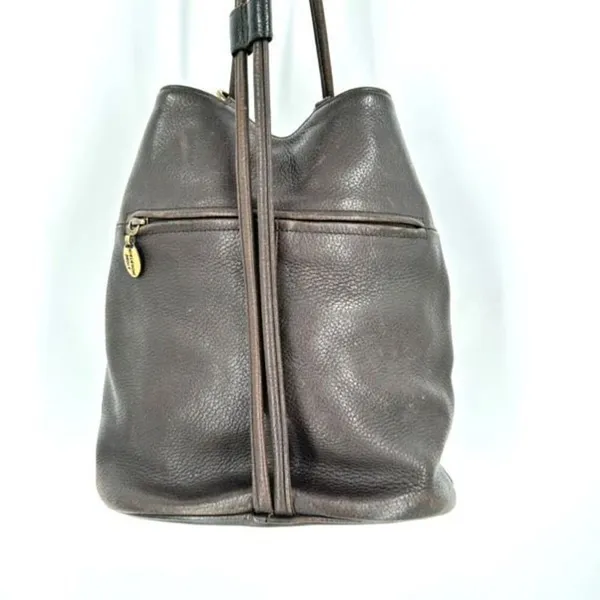 Stone Mountain Dark‎ Chocolate Brown Pebbled Leather Brass Grommet Bucket Bag - Image 3