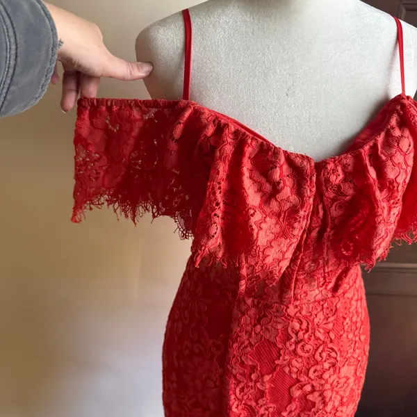 NBD x NAVEN | Allie Red Orange Lace Cocktail Dress Off Shoulder Sheer | Small - Image 3