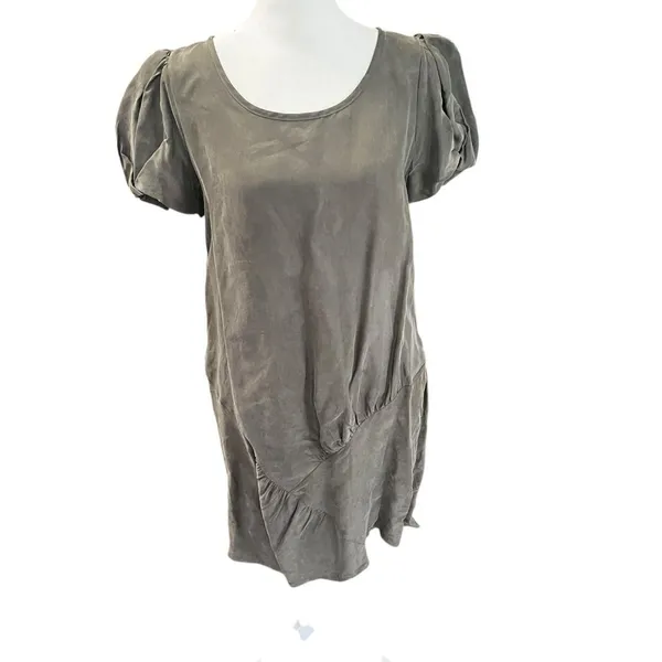 Marni 100% Silk Olive Green Ruched Puff Sleeve Shift Mini Dress M - Image 2