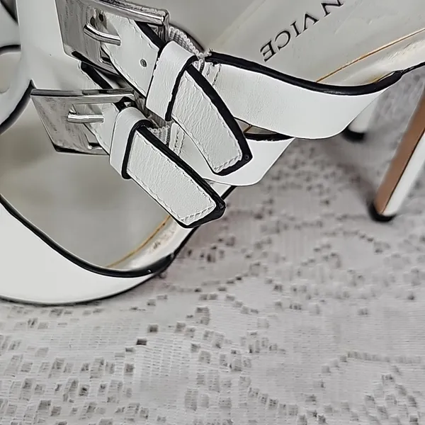 Modern Vice Rio white open toe strappy zip up back stiletto heels sz 8.5 - Image 6