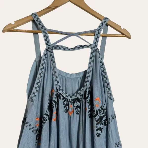 Free People Blue New World Embroidered Bohemian Cold Shoulder Peasant Top Size M - Image 8